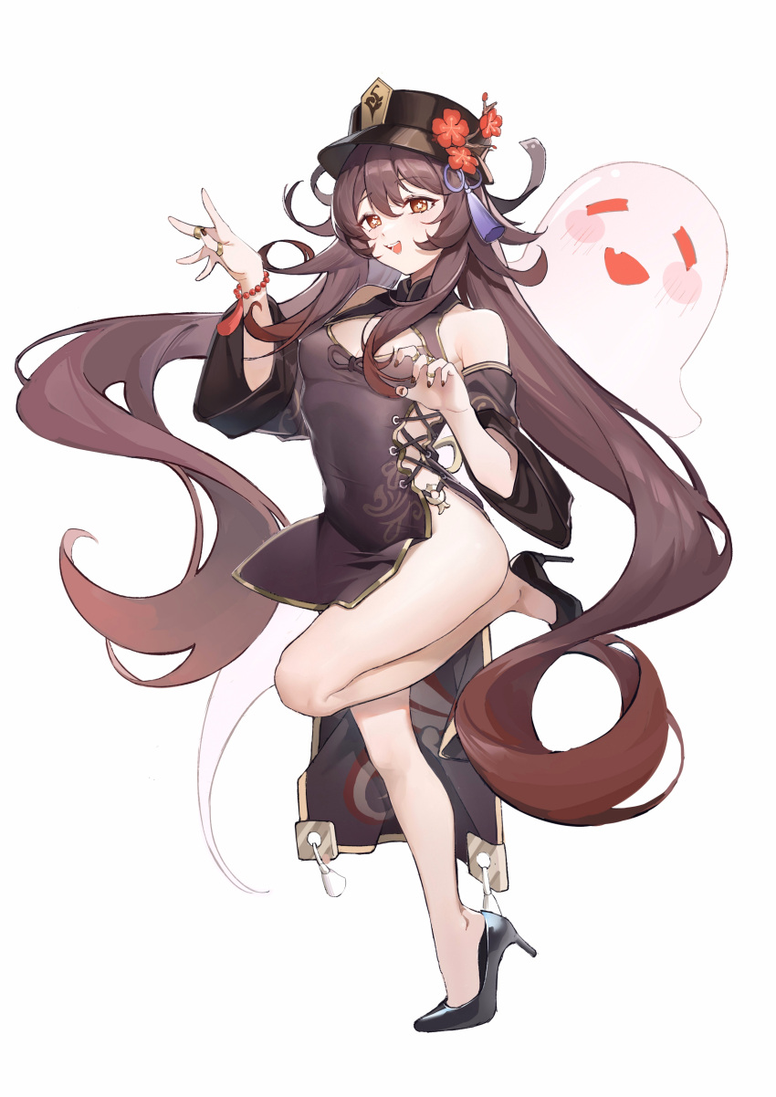 1girl, absurdres, bare_shoulders, bead_bracelet, beads, black_dress, bracelet, brown_hair, china_dress, chinese_clothes, detached_sleeves, dress, full_body, genshin_impact, ghost, hat, high_heels, highres, hu_tao_(genshin_impact), jewelry, long_hair, lushi_jin_up, red_eyes, simple_background, smile, solo, twintails, very_long_hair, white_background