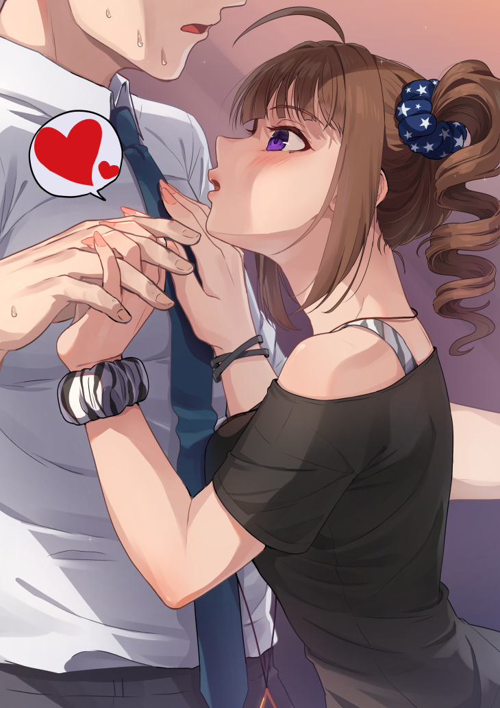 1boy, 1girl, ahoge, bangs, black_shirt, blue_neckwear, blue_scrunchie, blush