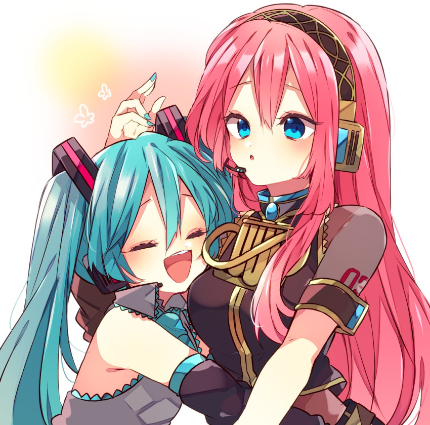 2girls, :o, aqua_hair, aqua_nails, armband, bare_shoulders, black_shirt, black_skirt