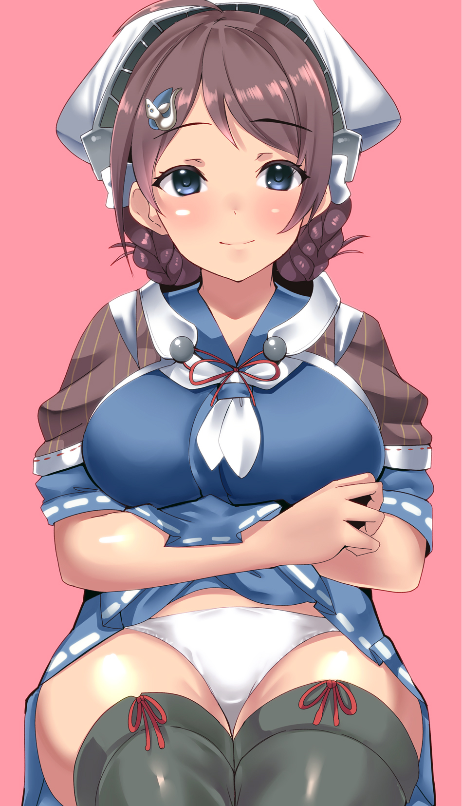 1girl, apron, bandana, blue_eyes, blue_sailor_collar, blue_serafuku, blue_skirt, braid