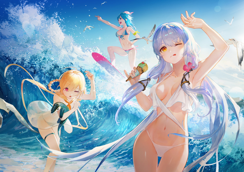 3girls, ;p, absurdres, ahoge, animal, bikini, bird, blonde_hair