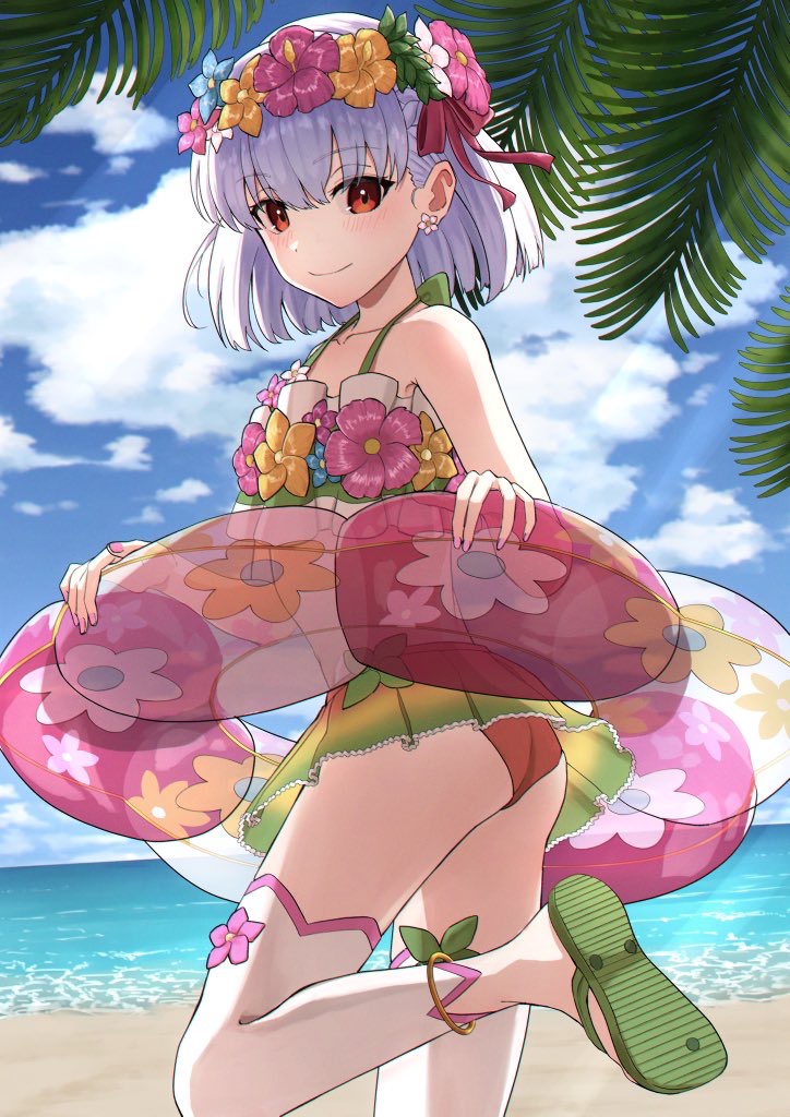 1girl, bangs, beach, blue_sky, blush, braid, clouds, eyebrows_behind_hair