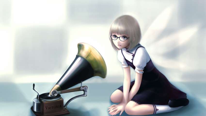 bespectacled, between_thighs, butterfly_wings, checkered, fairy_wings, fine_art_parody, glasses, highres, his_master's_voice, his_master's_voice, kagamine_rin, kneehighs, parody, phonograph, short_hair, silver_hair, sitting, socks, solo, vocaloid, wallpaper, wariza, wings, yori