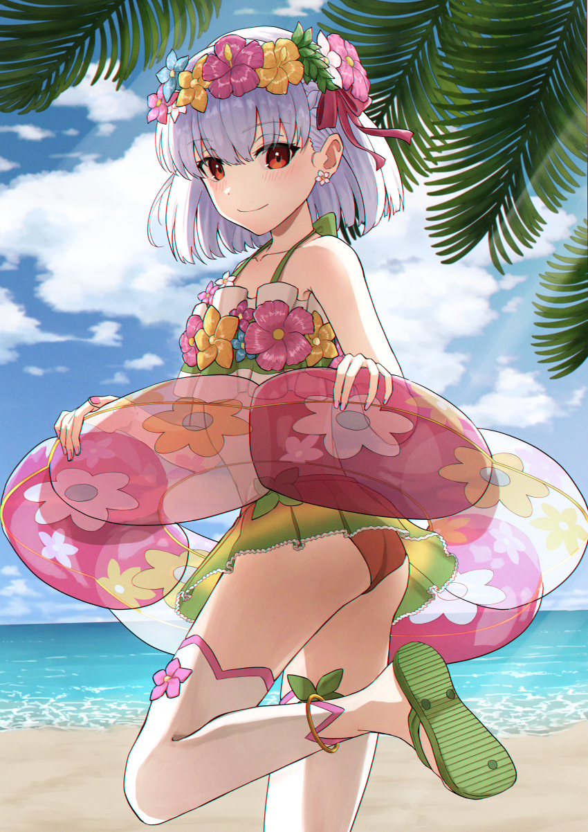 1girl, absurdres, bangs, beach, blue_sky, blush, braid, clouds, earrings, eyebrows_behind_hair, eyebrows_visible_through_hair, fate/grand_order, fate_(series), flower, flower_earrings, green_footwear, hair_ribbon, head_wreath, highres, holding, holding_lifebuoy, huge_filesize, ichi_yoshida, jewelry, kama_(fate), kama_(swimsuit_avenger)_(fate), lifebuoy, looking_at_viewer, ocean, pink_nails, red_eyes, ribbon, shadow, short_hair, silver_hair, skirt, sky, smile, solo, swimsuit, white_legwear