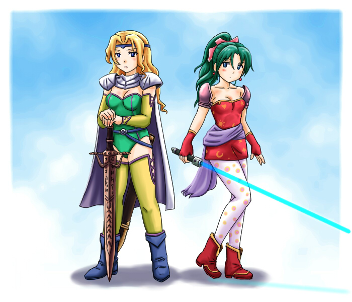 2girls, blonde_hair, boots, cape, celes_chere, detached_sleeves, female, final_fantasy