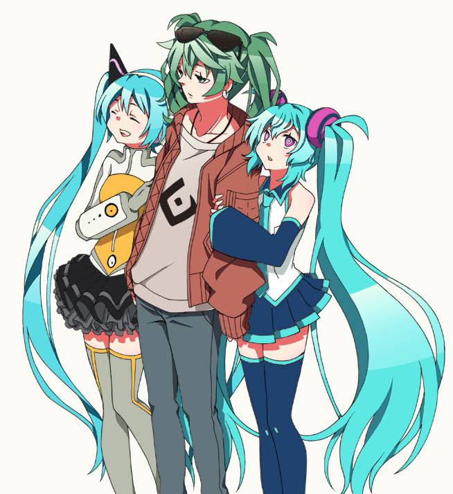 3girls, aisarenakute_mo_kimi_ga_iru_(vocaloid), androgynous, aqua_hair, aqua_neckwear, asaiasa0, bare_shoulders, black_skirt, blue_legwear, blue_pants, blue_skirt, blue_sleeves, bodysuit, closed_eyes, collarbone, commentary, denim, detached_sleeves, earrings, eyewear_on_head, feet_out_of_frame, girl_sandwich, gloves, green_hair, grey_bodysuit, grey_gloves, grey_legwear, hair_ornament, hatsune_miku, headphones, holding_another's_arm, jacket, jeans, jewelry, layered_skirt, long_hair, looking_up, medium_hair, miniskirt, multicolored, multicolored_bodysuit, multicolored_clothes, multiple_girls, multiple_persona, necktie, odds_&amp;_ends_(vocaloid), open_mouth, orange_bodysuit, pants, pink_eyes, pleated_skirt, red_jacket, sandwiched, shirt, skirt, sleeveless, sleeveless_shirt, smile, songover, spaghetti_strap, speaker, standing, suna_no_wakusei_(vocaloid), sunglasses, t-shirt, thigh-highs, twintails, very_long_hair, vocaloid, white_background, white_shirt, zettai_ryouiki