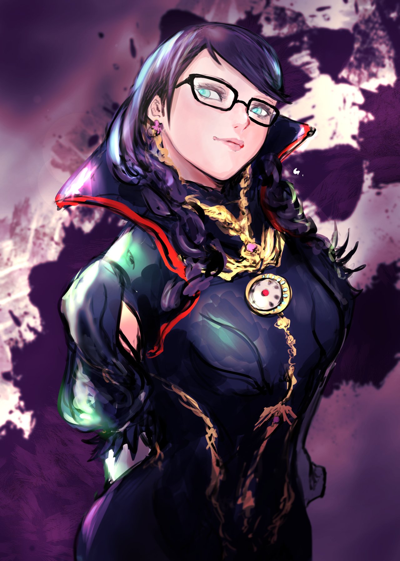 1girl, bayonetta, bayonetta_(series), bayonetta_3, black_hair, braid, clothing_cutout, earrings
