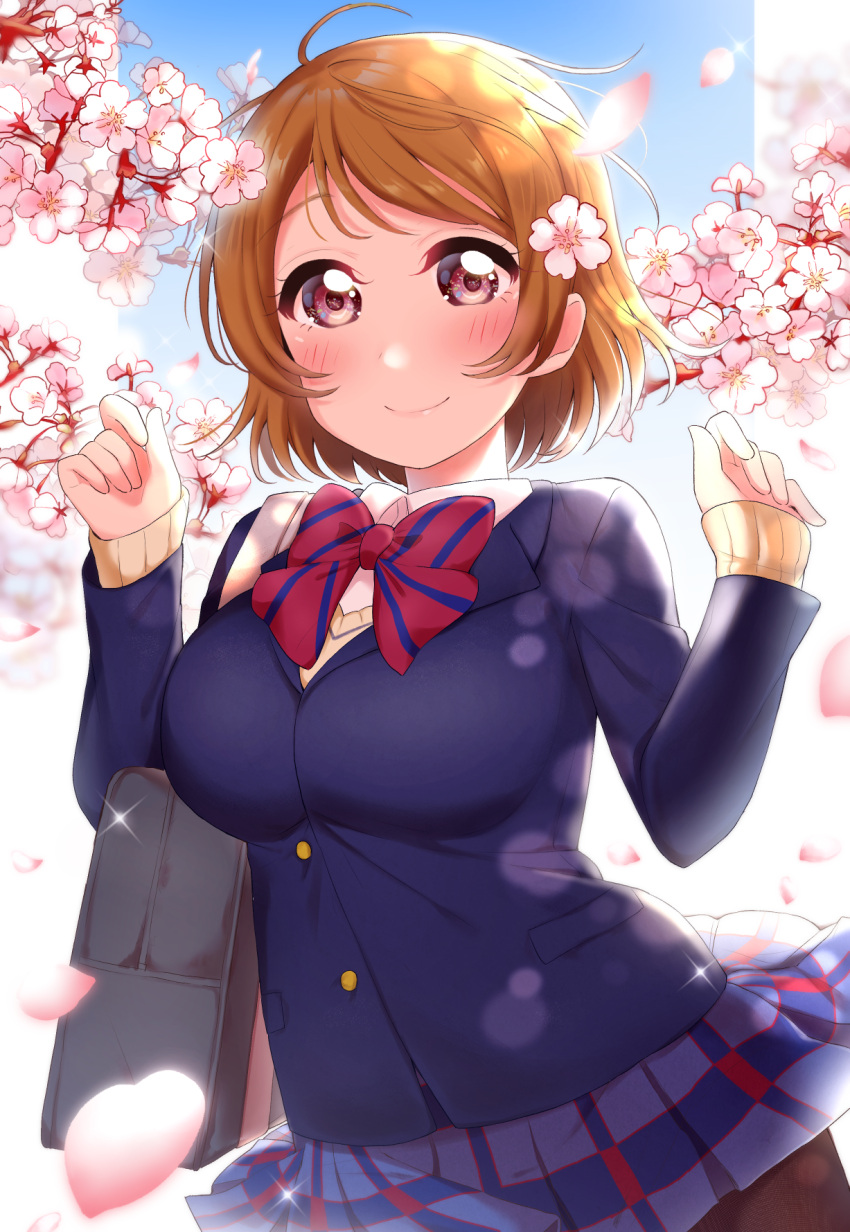 1girl, berisuno_(beriberi0707), blazer, blue_jacket, blue_skirt, bow, bowtie, breasts, cherry_blossoms, closed_mouth, commentary_request, cowboy_shot, hands_up, highres, jacket, koizumi_hanayo, large_breasts, light_brown_hair, looking_at_viewer, love_live!, love_live!_school_idol_project, otonokizaka_school_uniform, pantyhose, plaid, plaid_skirt, pleated_skirt, red_neckwear, school_uniform, skirt, smile, solo, striped, striped_neckwear, violet_eyes