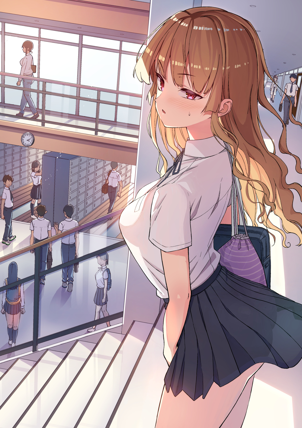 1girl, ass, bag, bangs, black_ribbon, black_skirt, blush, breasts, clock, collared_shirt, commentary, cowboy_shot, eyebrows_visible_through_hair, glass, hallway, highres, ishizaka_ryuudai, light_brown_hair, long_hair, looking_at_viewer, looking_to_the_side, medium_breasts, miniskirt, neck_ribbon, no_panties, original, parted_lips, pink_eyes, pleated_skirt, railing, ribbon, school, school_bag, school_uniform, see-through_skirt, shirt, short_sleeves, shoulder_bag, skirt, skirt_tug, solo_focus, stairs, standing, sunlight, sweatdrop, white_shirt