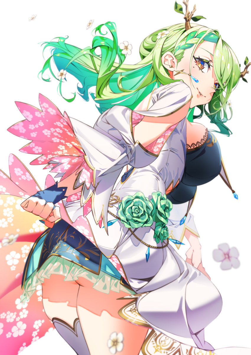 1girl, absurdres, arm_cutout, athungkaew, bangs, blue_gloves, blush, branch