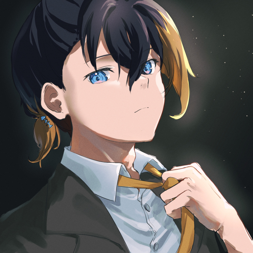 1boy, bangs, black_hair, black_jacket, blazer, blonde_hair, blue_eyes, collared_shirt
