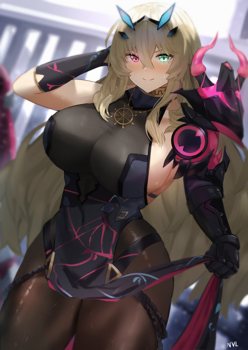 1girl, absurdres, armor, bangs, big_hair, black_gloves, blonde_hair, blurry
