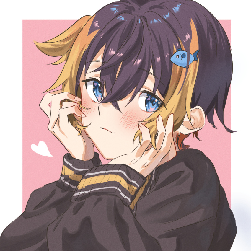 1boy, bangs, blue_eyes, brown_hair, brown_sweater, fish_hair_ornament, genderswap, genderswap_(ftm), hair_behind_ear, hair_between_eyes, hair_ornament, hands_on_own_face, heart, highres, hitsuji_(sheep_tamura), looking_at_viewer, male_focus, multicolored_hair, nijisanji, nijisanji_en, orange_hair, petra_gurin, smile, solo, streaked_hair, sweater, virtual_youtuber