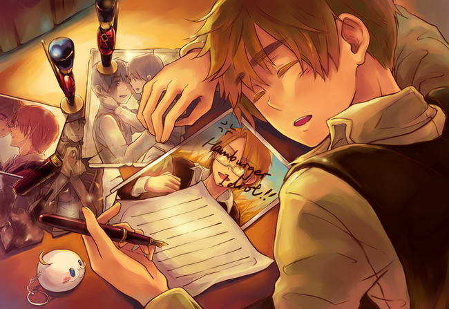 america_(hetalia), axis_powers_hetalia, blonde_hair, english, keychain, male, mochi, open_mouth, paper, pen, photo_(object), sleeping, solo, united_kingdom_(hetalia), yamato5240, young