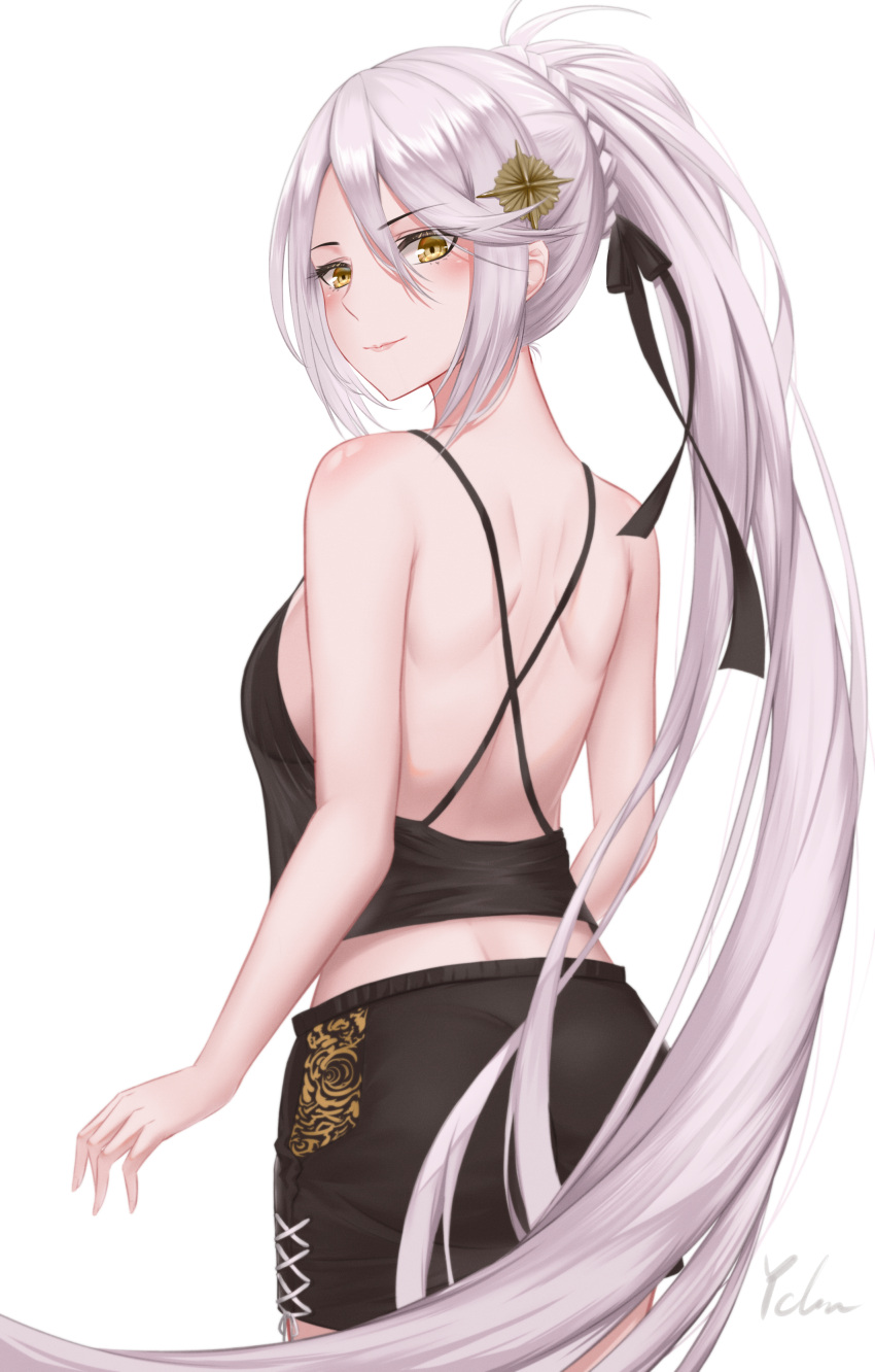 1girl, absurdres, azur_lane, bare_shoulders, bareback, black_ribbon, black_shorts, braid