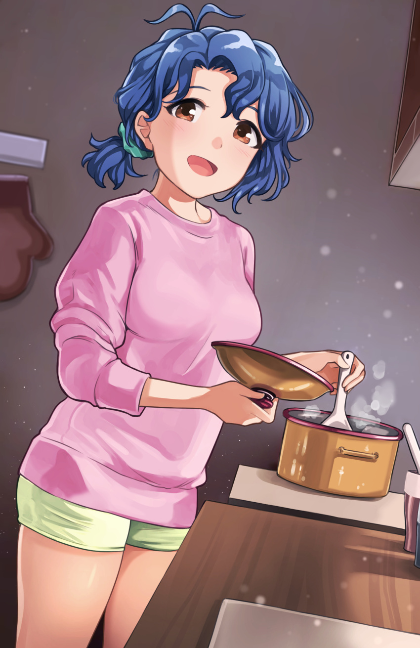 1girl, :d, antenna_hair, aqua_scrunchie, bangs, blue_hair, breasts, brown_eyes