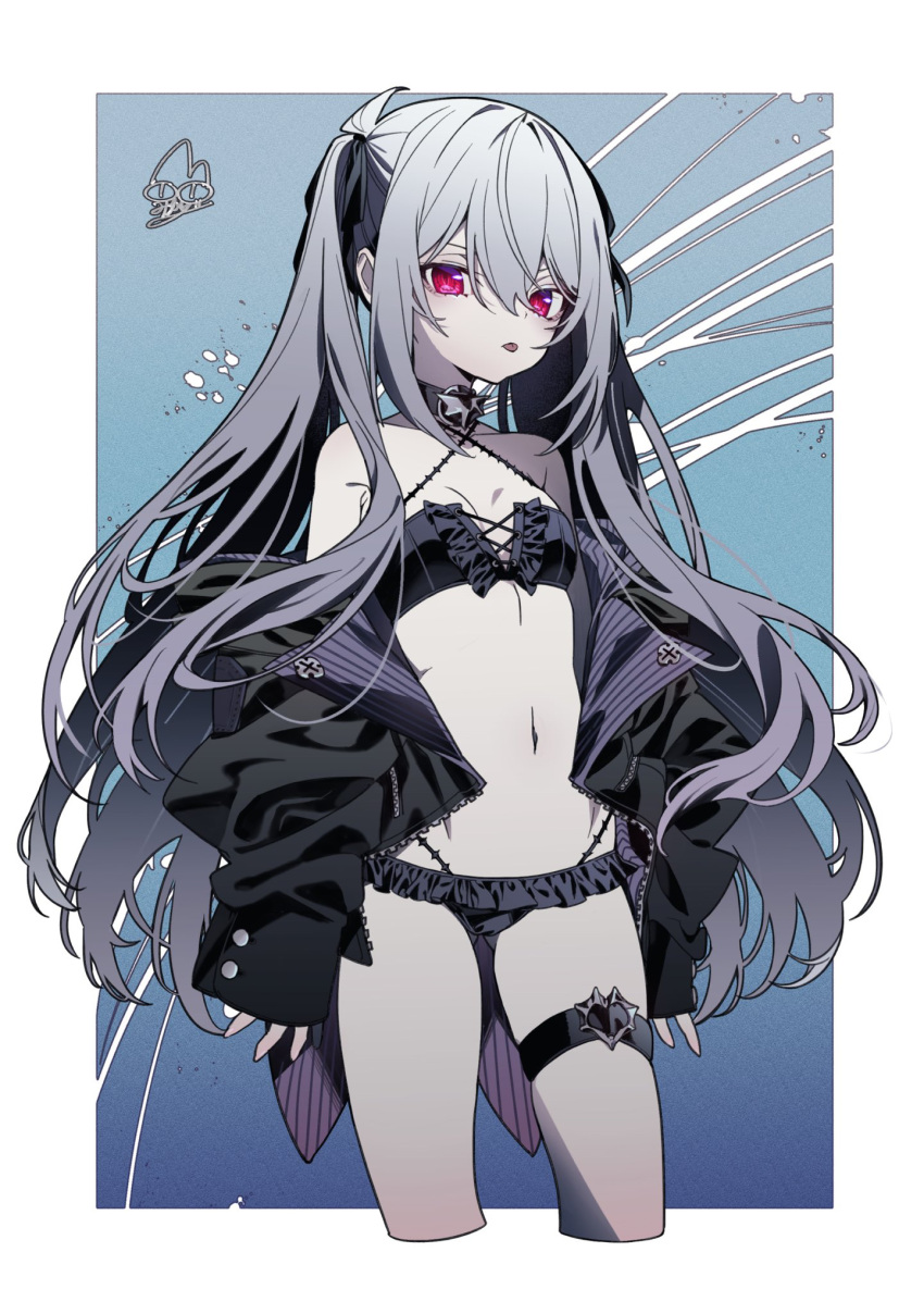 1girl, bikini, black_bikini, black_choker, breasts, choker, grey_hair, hair_between_eyes