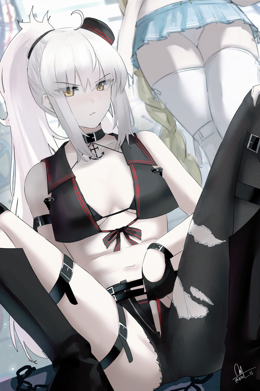 2girls, :/, absurdres, belt_collar, bikini, black_bikini, black_footwear, black_gloves