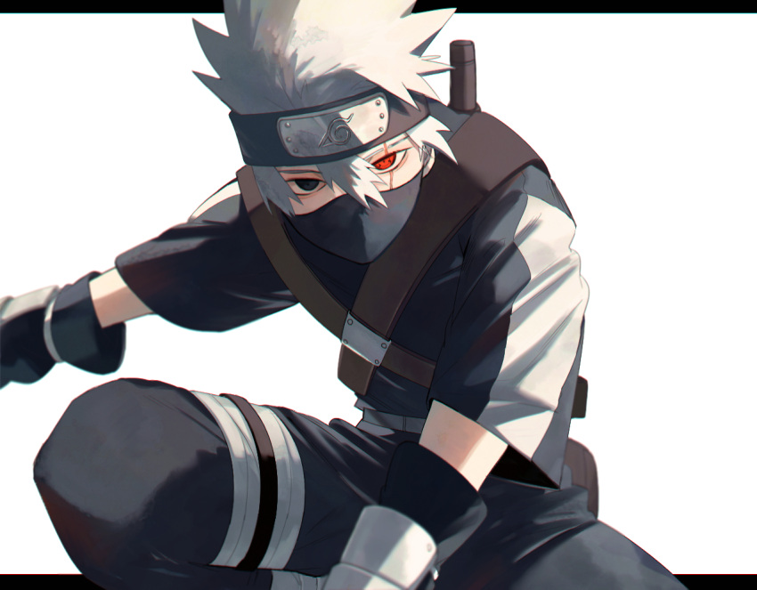 1boy, child, coene65, colored, hatake_kakashi, headband, looking_at_viewer, male, male_focus, masked, naruto, scar, scar_across_eye, sharingan, simple_background, solo, spiked_hair, white_background, young