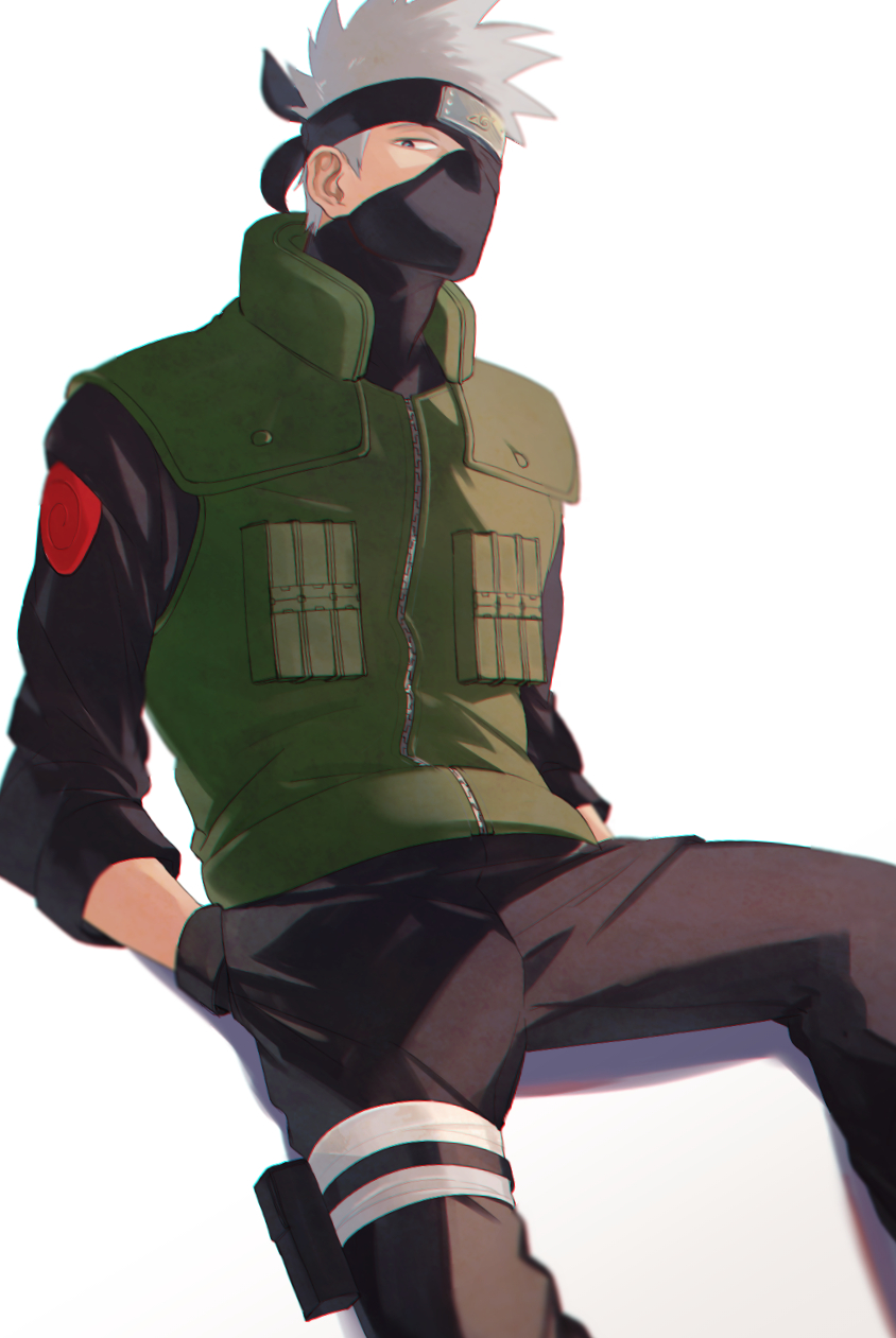 1boy, coene65, colored, hands_in_pockets, hatake_kakashi, headband, looking_at_viewer, looking_down, male, male_focus, masked, naruto, simple_background, solo, spiked_hair, white_background, white_hair