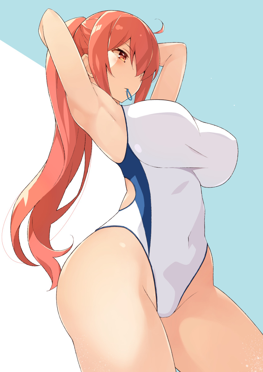1girl, absurdres, adjusting_hair, armpits, arms_up, bangs, bare_arms, bare_legs