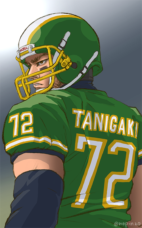 1boy, american_football, american_football_helmet, american_football_uniform, back, beard, black_hair, buzz_cut