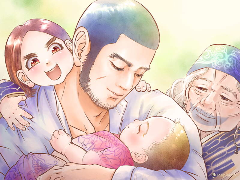1boy, 3girls, ainu, ainu_clothes, beard, black_hair, blush, buzz_cut