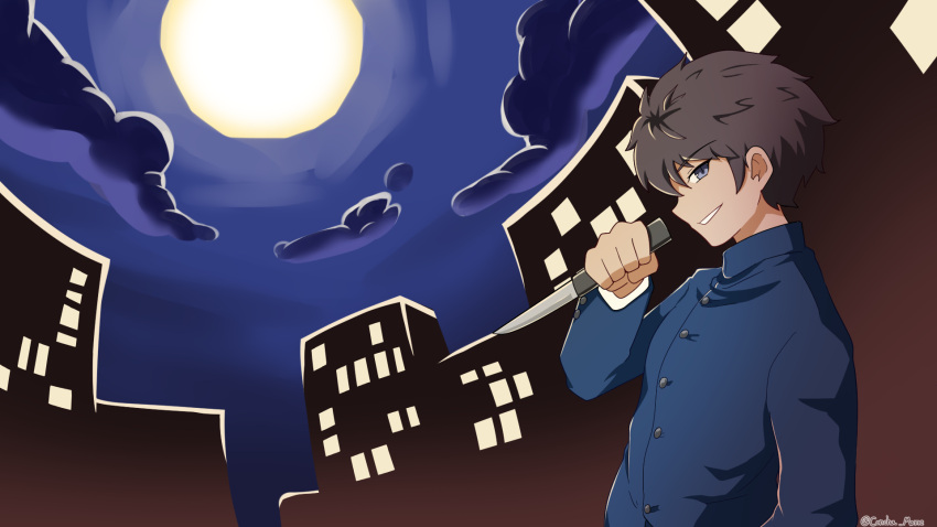 1boy, bangs, black_hair, blue_eyes, blue_shirt, cityscape, clouds, collared_shirt