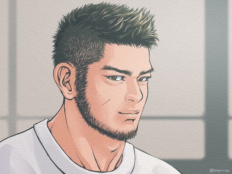 1boy, alternate_facial_hair, alternate_hairstyle, beard, black_hair, buzz_cut, close-up, face, facial_hair, golden_kamuy, looking_at_viewer, male_focus, mature_male, nopinzo, scar, scar_on_cheek, scar_on_face, shirt, short_hair, smile, solo, tanigaki_genjirou, thick_eyebrows, very_short_hair, white_shirt