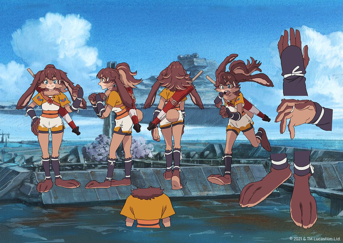 1girl, alien, animal_ears, blue_eyes, breasts, character_sheet, clenched_hands, furry