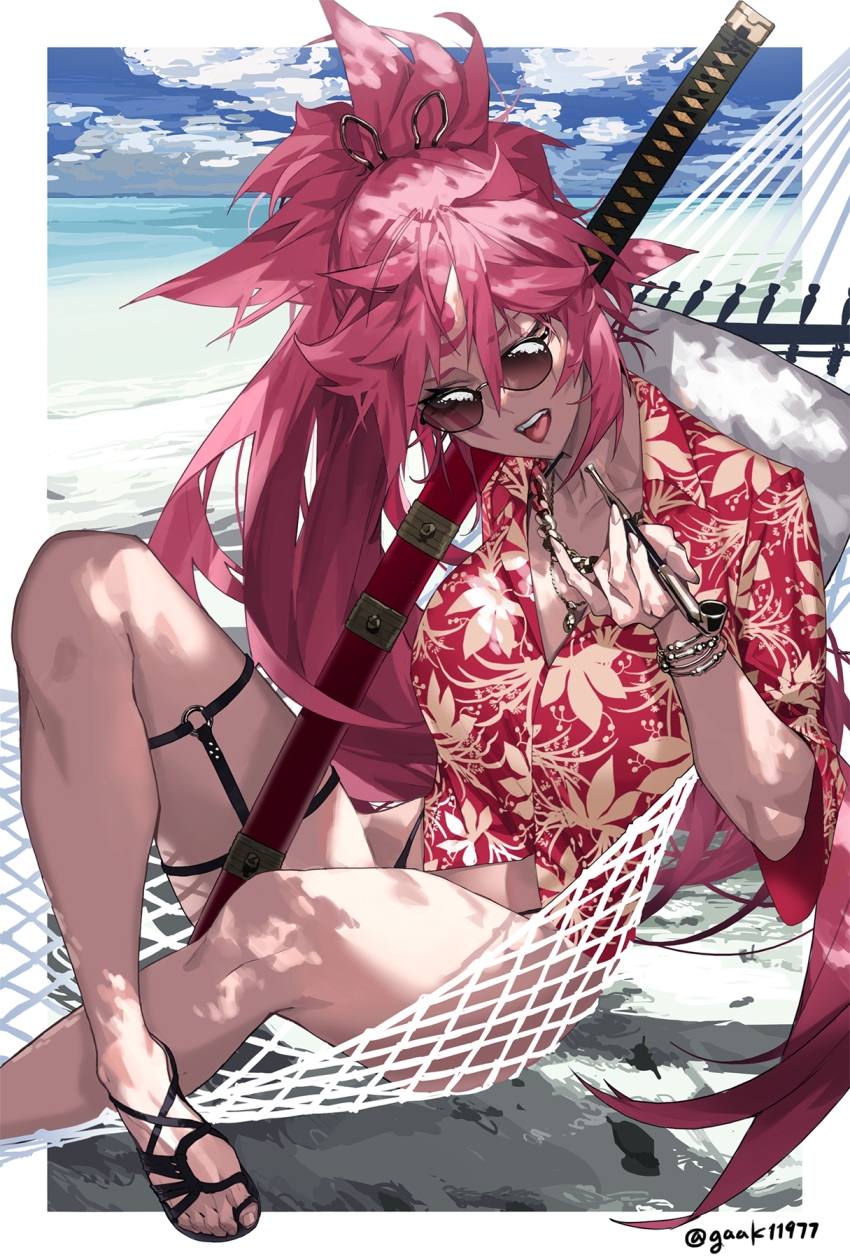 1girl, baiken, bangs, beach, breasts, clouds, cloudy_sky, facial_mark, fingernails, gaak11977, guilty_gear, hair_between_eyes, highres, holding, holding_weapon, jewelry, long_hair, necklace, ocean, open_mouth, pipe, ponytail, sand, sandals, scar, scar_across_eye, sharp_fingernails, sheath, sheathed, sitting, sky, solo, summer, sunglasses, sword, thigh_strap, tongue, tongue_out, twitter_username, weapon