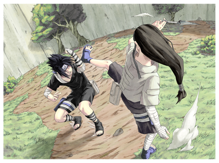 2boys, arena, black_hair, brown_hair, children, clenched_teeth, defending, duel