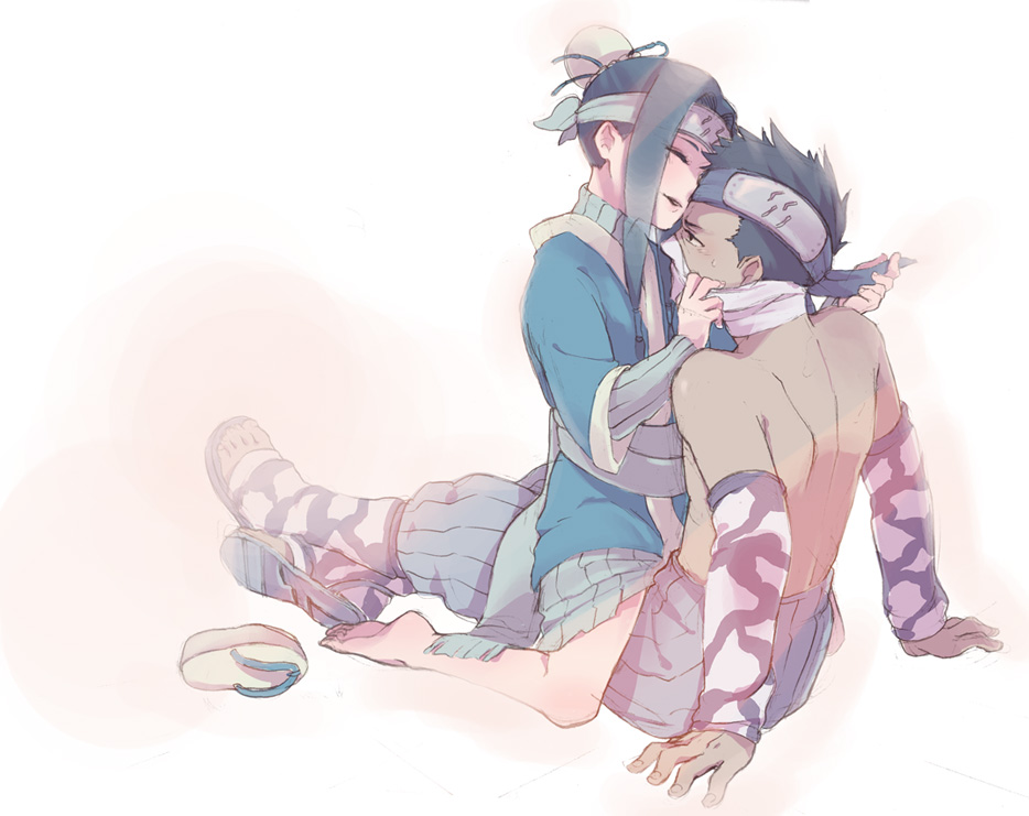 2boys, androgynous, barefoot, boy_on_top, eyes_closed, haku_(naruto), headband, long_hair