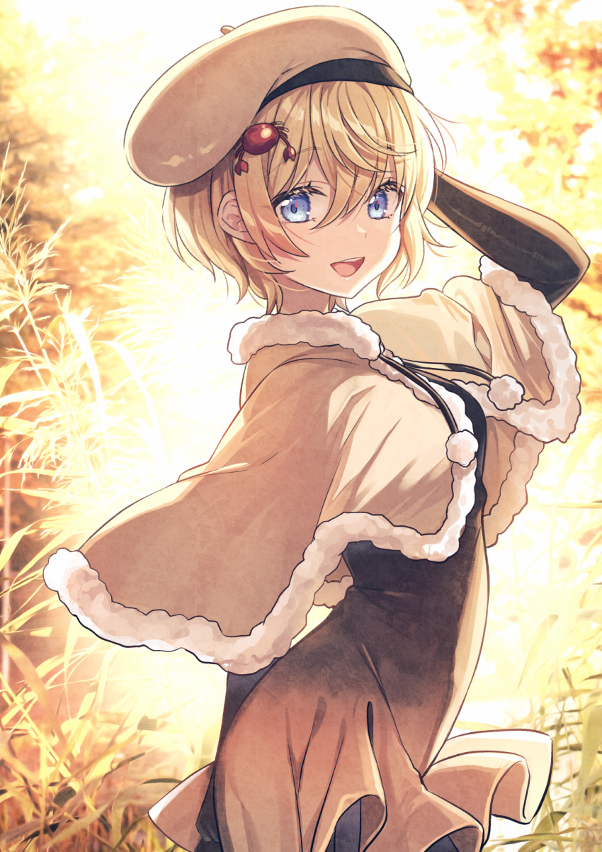 1girl, :d, arm_behind_back, arm_behind_head, arm_up, backlighting, bangs, beret