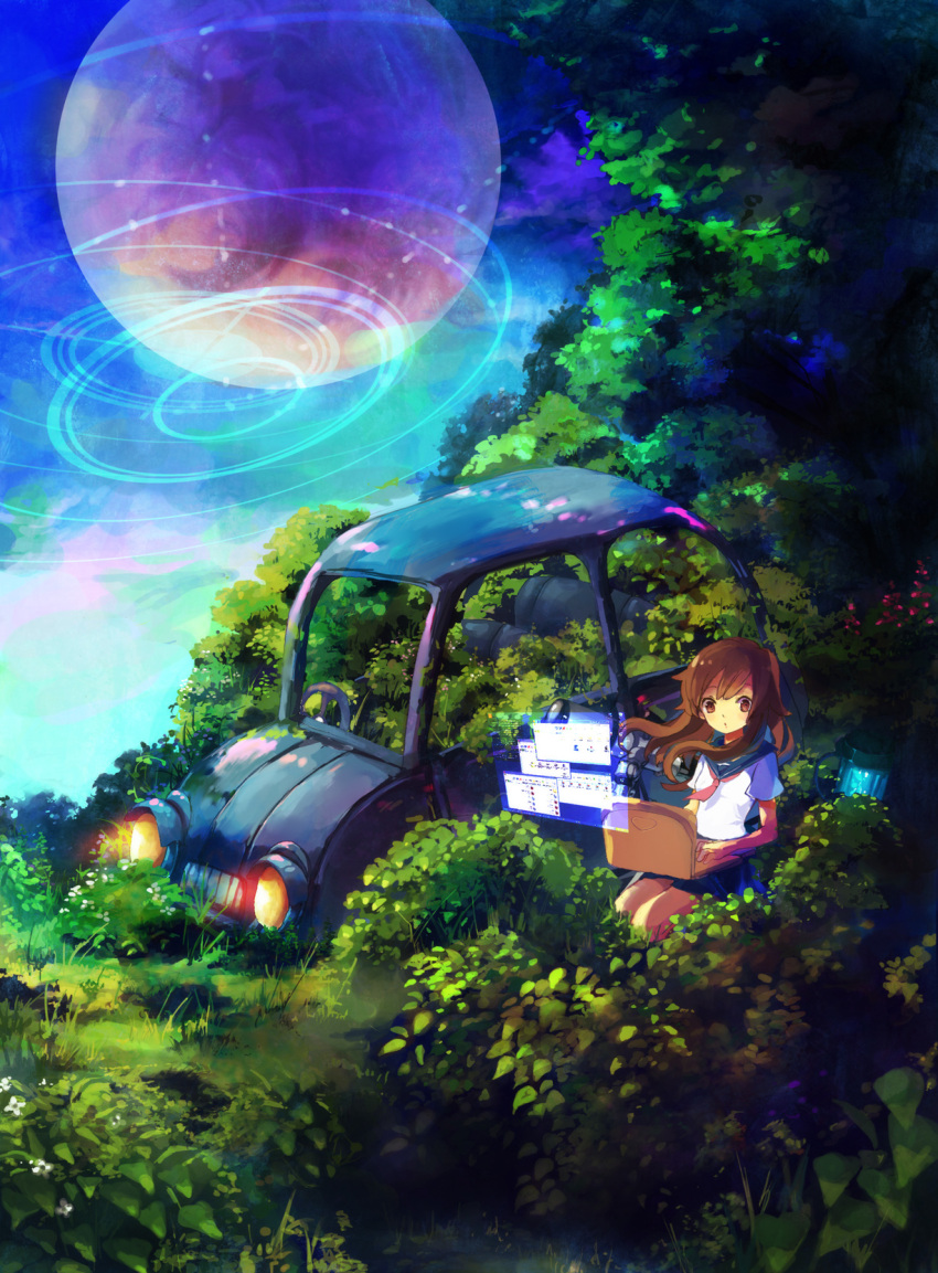 brown_eyes, brown_hair, car, computer, highres, holographic_interface, laptop, long_hair, moon, morikaku_(umiharu), motor_vehicle, nature, original, overgrown, school_uniform, serafuku, sitting, sky, solo, vehicle, windows