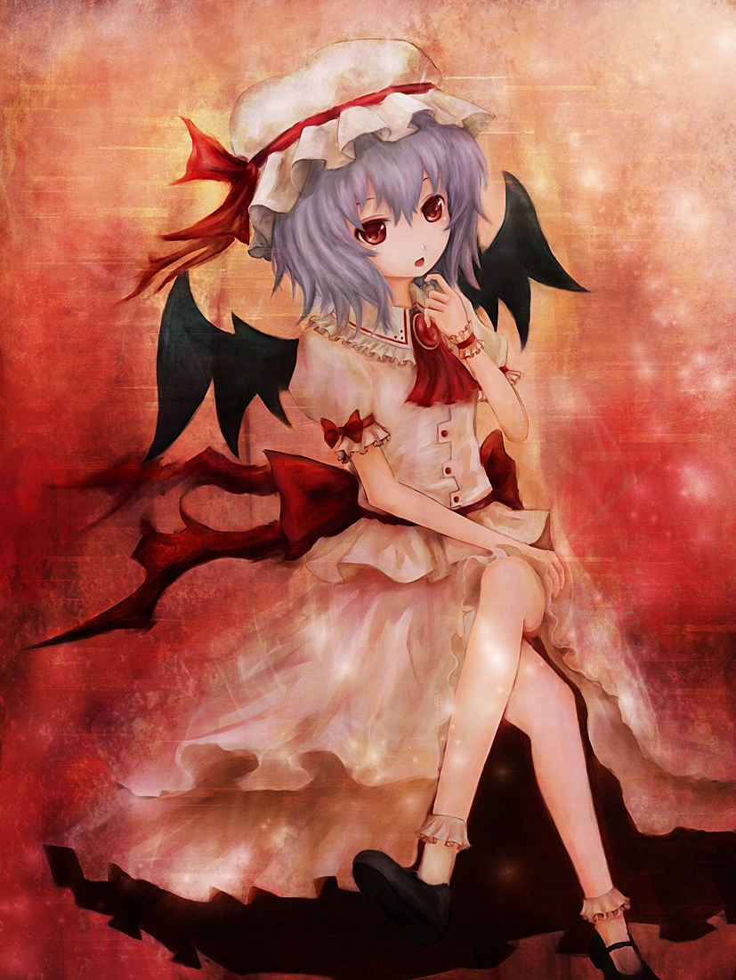 blue_hair, bow, crossed_legs, hat, hat_ribbon, legs_crossed, red_eyes, remilia_scarlet, ribbon, shippu_man, shippu_man_(artist), short_hair, sitting, solo, touhou, wings, wrist_cuffs