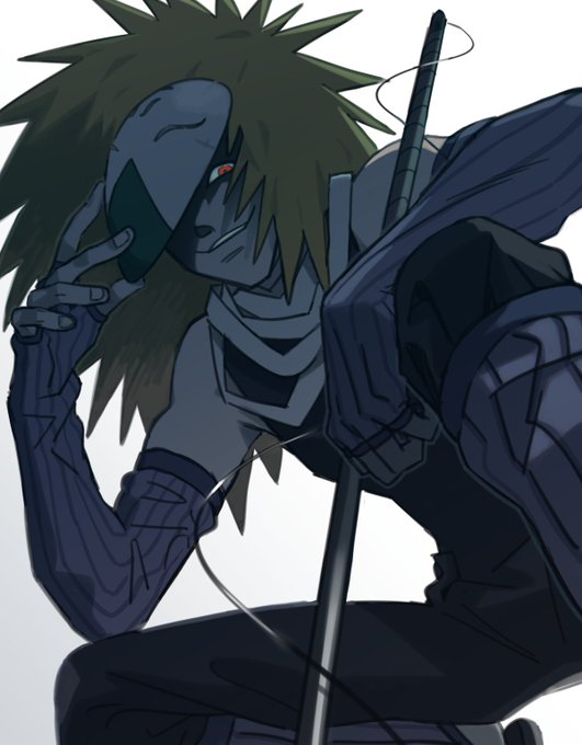 1boy, gloves, katana, kneeling, kuriarare_kushimaru, looking_at_viewer, looking_down, male, mask, naruto, naruto_(series), naruto_shippuuden, posing, removing_mask, simple_background, smile, solo, solo_focus, white_background