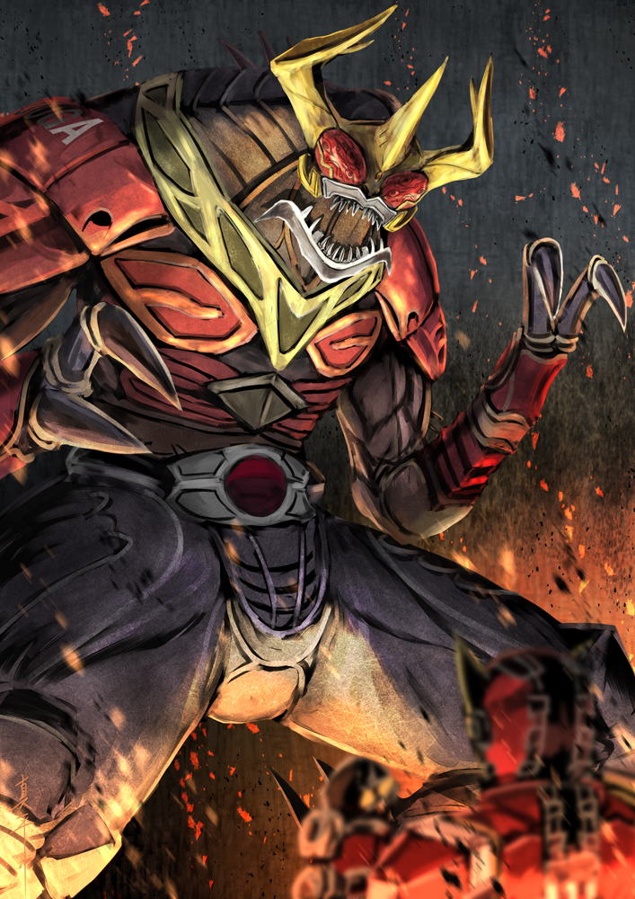 1boy, another_kuuga_(zi-o), another_rider_(zi-o), bug, creature, giant, giant_monster, gold_horns, imminent_fight, kamen_rider, kamen_rider_geiz, kamen_rider_kuuga_(series), kamen_rider_zi-o_(series), monster, red_armor, red_eyes, rider_belt, rider_watch, sharp_teeth, shinpei_(shimpay), size_difference, teeth