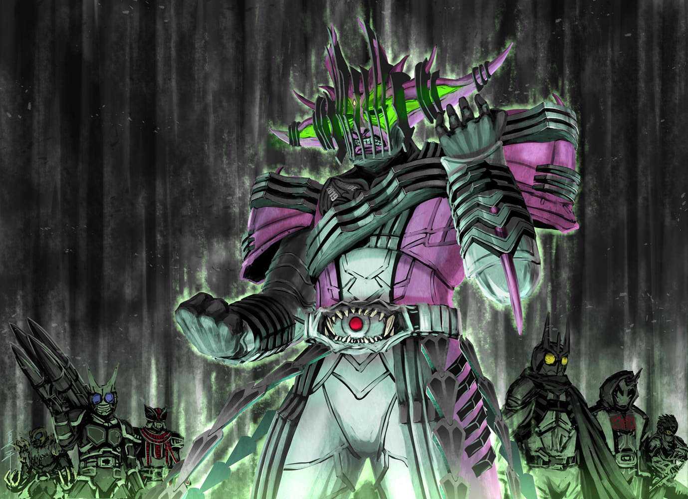 another_decade, another_rider_(zi-o), bug, creature, everyone, evil, fur_trim, glowing