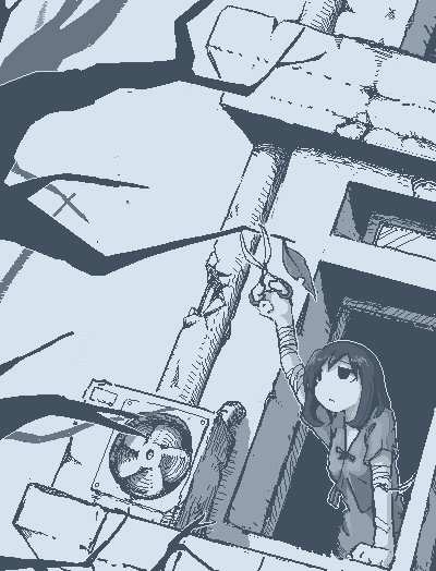 1girl, :<, air_conditioner, arm_support, attempted_suicide, bandaged_arm, bandages, bare_tree, building, closed_mouth, cutting, dress, dutch_angle, empty_eyes, hamsterfragment, hatching_(texture), holding, holding_scissors, intravenous_drip, jaggy_line, leaf, medium_hair, monochrome, no_pupils, open_window, original, outdoors, pillar, scissors, short_sleeves, solo, suicidal_girl_(hamsterfragment), the_last_leaf, tree, window