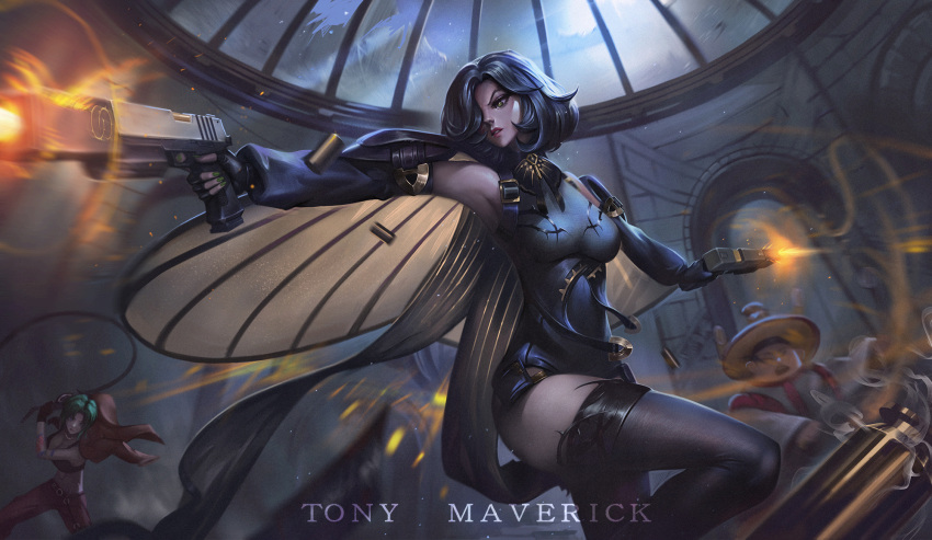 1boy, 2girls, battle, black_bra, black_hair, black_leotard, black_survival, bra