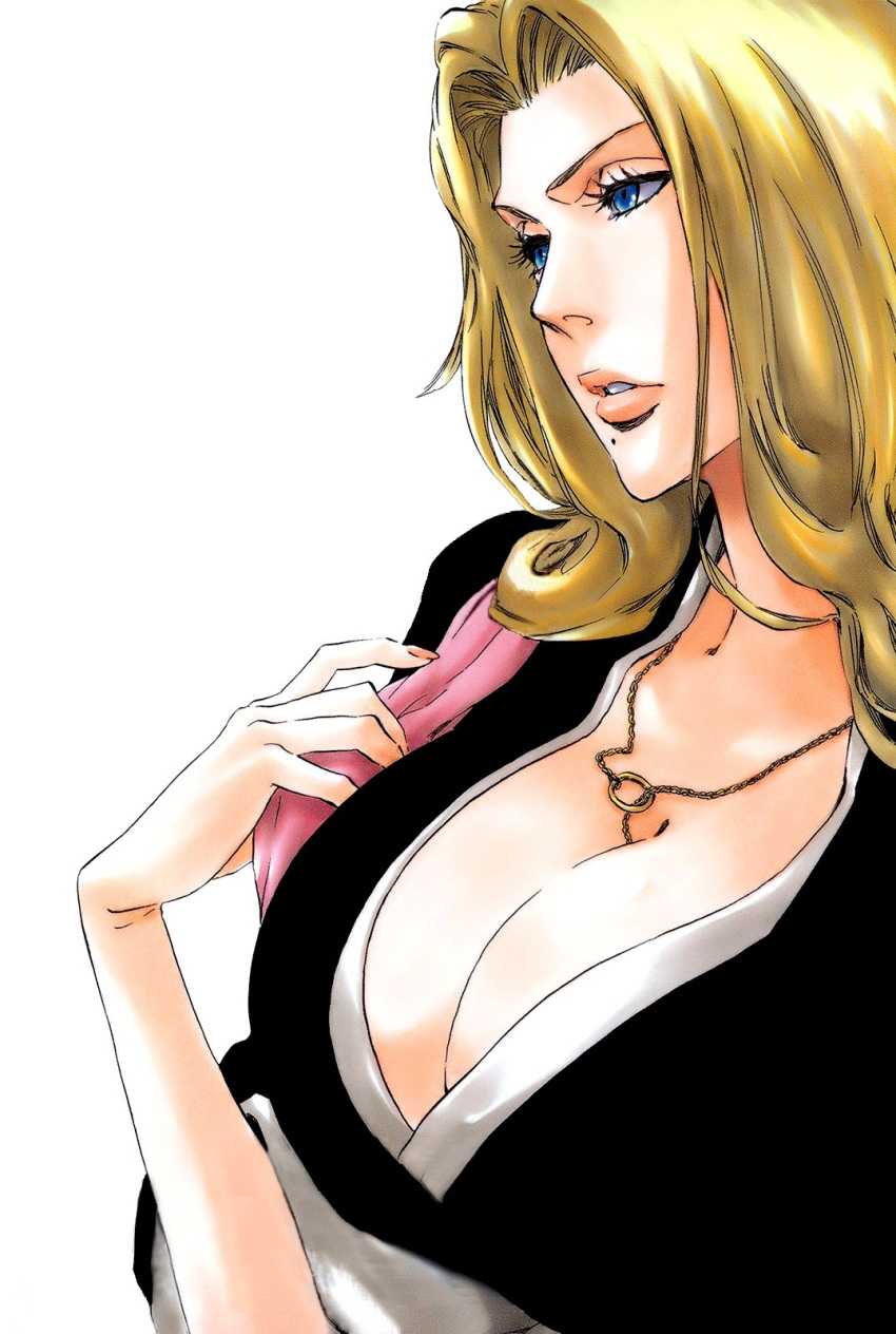 1girl, bleach, blonde_hair, blue_eyes, cleavage, eyelashes, facing_to_the_side, female