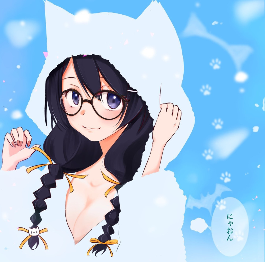 1girl, 756san, animal_costume, animal_ears, blue_background, blue_eyes, blue_hair, breasts, cat_costume, cat_ears, glasses, hanekawa_tsubasa, highres, looking_at_viewer, monogatari_(series), nail, solo