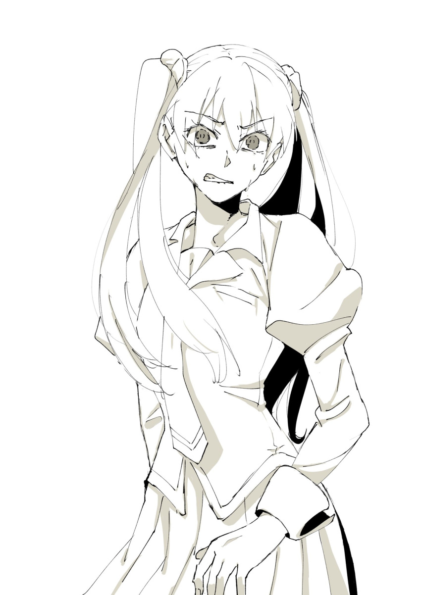 1girl, embarrassed, eyebrows_visible_through_hair, greyscale, hair_between_eyes, hair_ornament, highres, long_hair