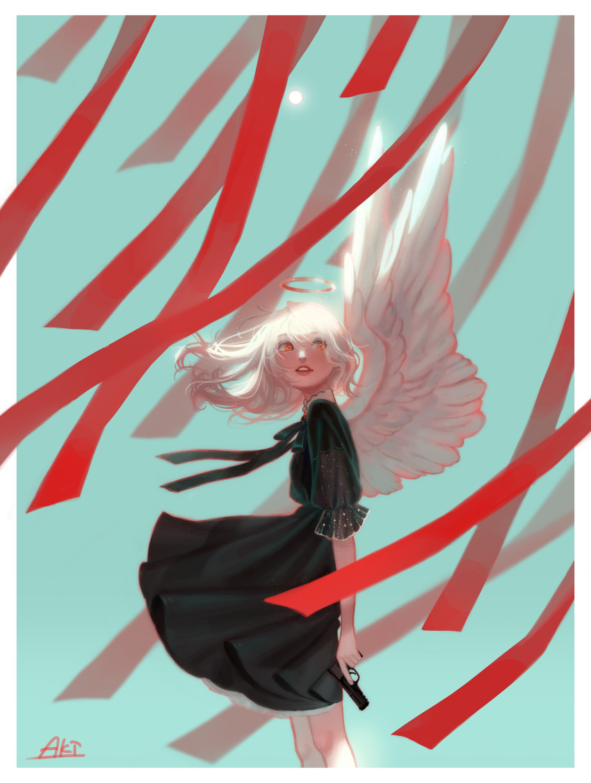 1girl, absurdres, aki_a0623, angel, angel_wings, black_dress, dress, gun, halo, handgun, highres, medium_hair, original, puffy_sleeves, red_eyes, ribbon, smile, weapon, white_hair, wings