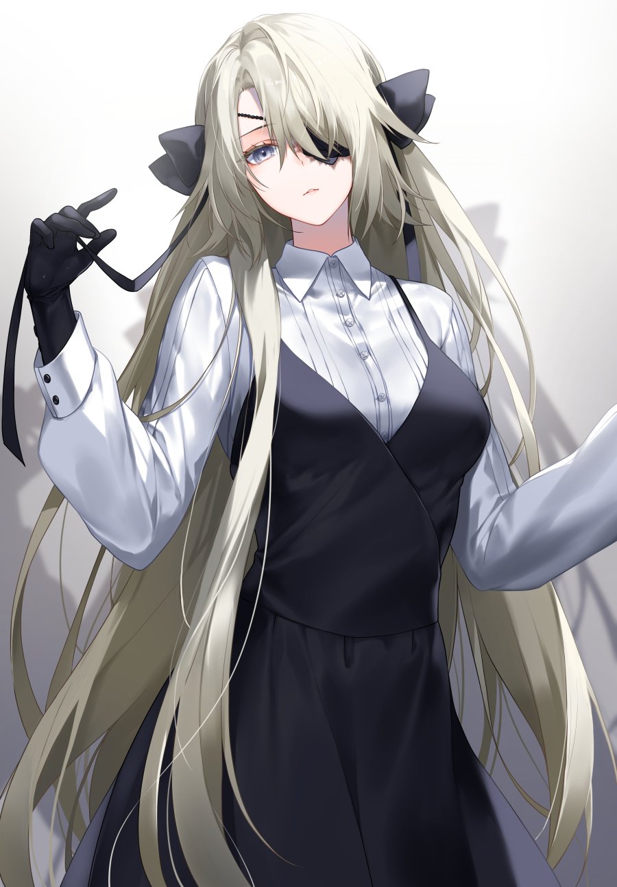 1girl, bangs, black_bow, black_dress, black_gloves, bow, breasts, burn_scar