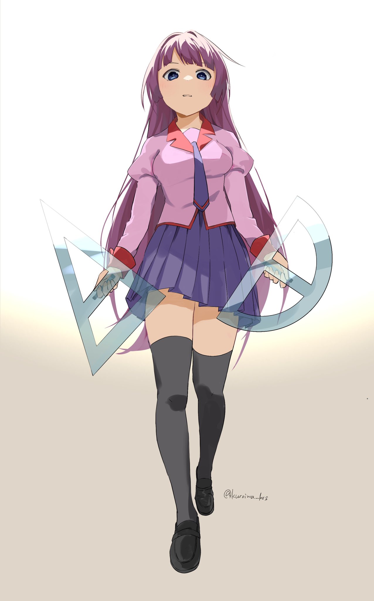 1girl, bakemonogatari, black_footwear, blue_eyes, from_below, hair_between_eyes, highres, kuroiwa_brs, long_hair, long_sleeves, looking_at_viewer, looking_down, monogatari_(series), naoetsu_high_school_uniform, necktie, pink_shirt, puffy_long_sleeves, puffy_sleeves, purple_hair, purple_skirt, school_uniform, senjougahara_hitagi, shirt, simple_background, skirt, solo, thigh-highs, thighs, very_long_hair, zettai_ryouiki