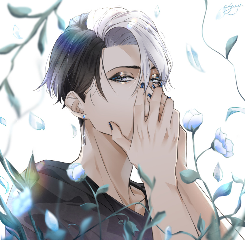 1boy, artist_name, black_hair, black_nails, black_shirt, divus_crewel, earrings, eyeshadow