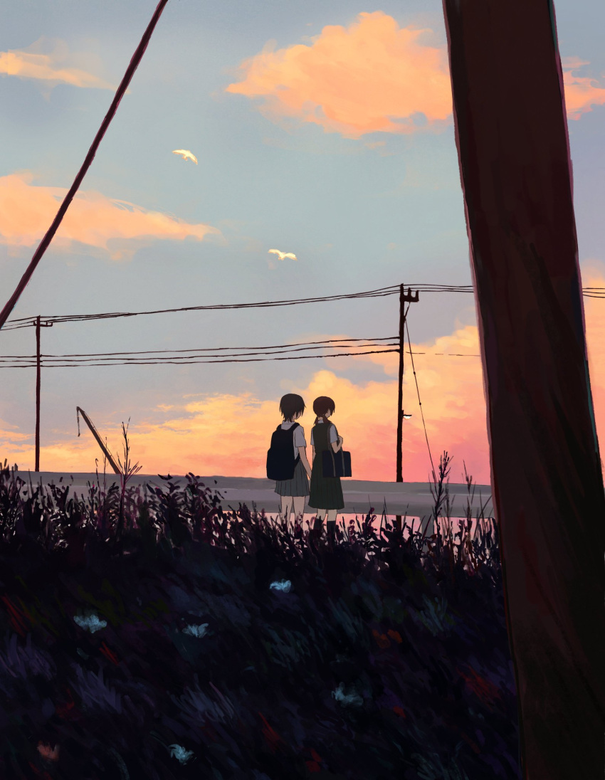 2girls, backpack, bag, black_hair, clouds, dress, highres, landscape