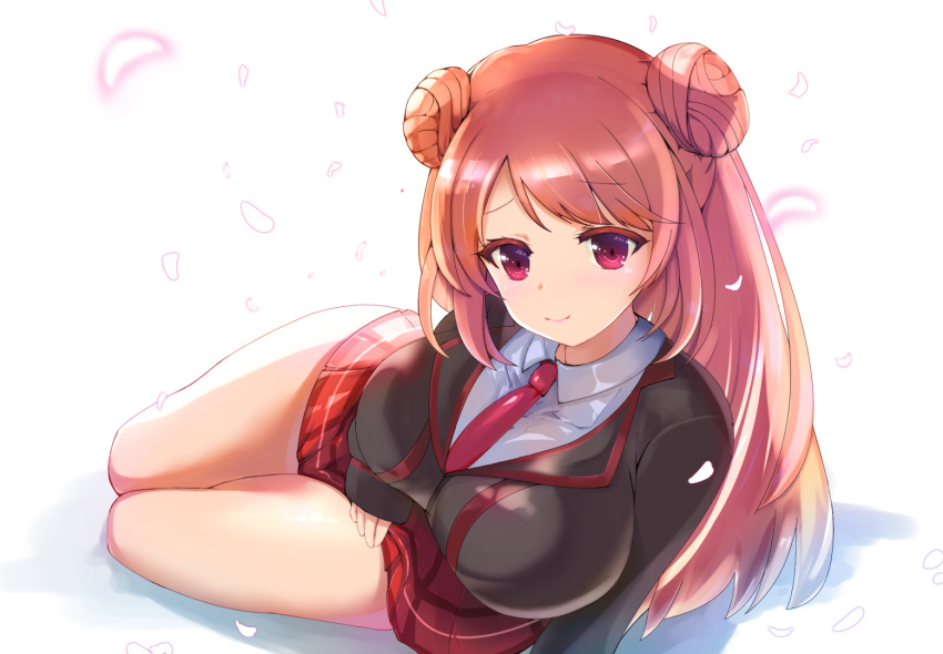 1girl, black_jacket, breasts, closed_mouth, colored_eyelashes, double_bun, eari, erze_(king's_raid), jacket, king's_raid, large_breasts, long_hair, looking_at_viewer, lying, necktie, on_side, plaid, plaid_skirt, pleated_skirt, red_eyelashes, red_eyes, red_neckwear, red_skirt, redhead, school_uniform, shiny, shiny_hair, shirt, simple_background, skirt, smile, solo, thighs, white_background, white_shirt